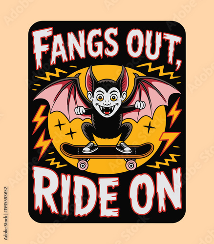 Vintage Vampire Bat Skateboarding Illustration Fangs Out Ride On Poster Art