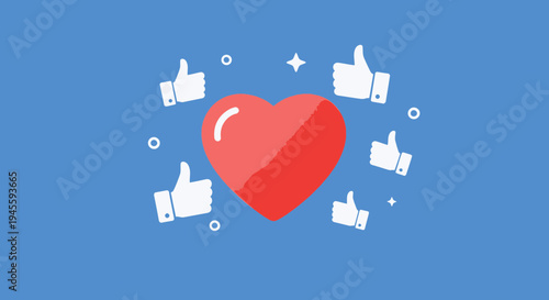 Red Heart with Thumbs Up Icons and Sparkles on Blue Background