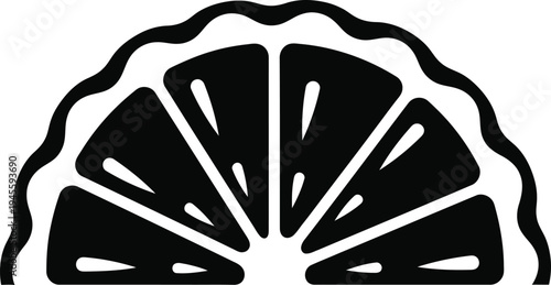 A black and white image of a stylized shell or fan design with geometric patterns