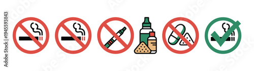 Vector set of prohibition signs for smoking, vaping, and drug use, with a safe smoking checkmark symbol