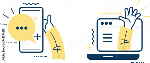 Illustration of mobile and desktop app development with positive energy symbols