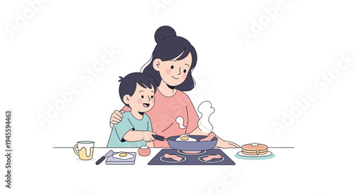 Mother and Child Cooking Together in Kitchen.