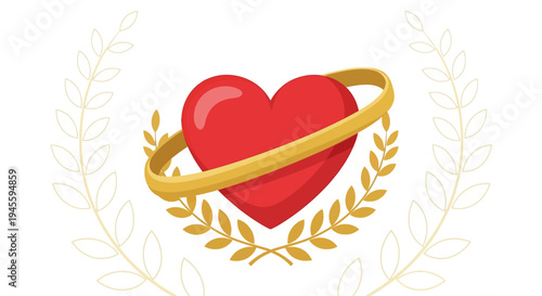 Red Heart with Golden Ring and Laurel Wreath, Love and Victory Symbol