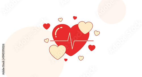 Red Heart with Heartbeat Line and Small Hearts, Love and Health Symbol
