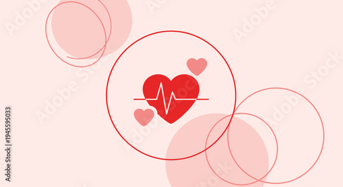 Red Heart with Heartbeat Line and Circles on Pink Background - Health Concept