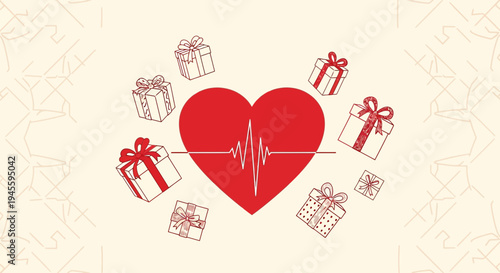Red Heart with Heartbeat Line and Gift Boxes, Valentine's Day, Love and Care
