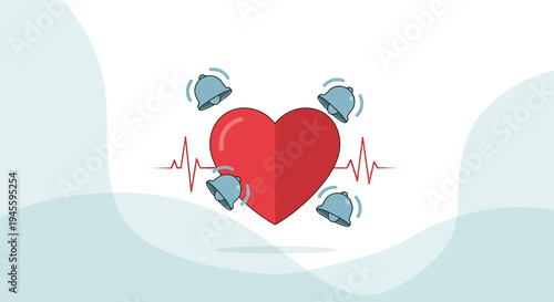 Red Heart with Notification Bells and Heartbeat Line - Health Alert Concept