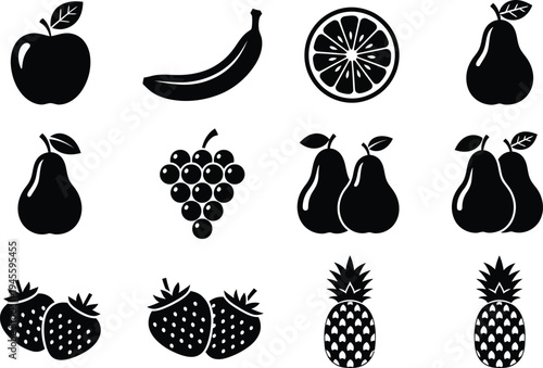 A collection of black and white fruit icons including apples bananas citrus fruits pears grapes strawberries and pineapples
