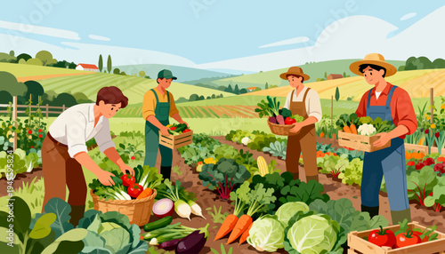 Farmers harvest vegetables in a sunlit field. They smile, showing pride in their work. Fresh greens, carrots, and cabbage fill baskets. Rural landscape stretches behind them with hills
