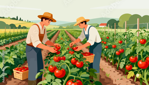Two farmers harvest ripe tomatoes in a sunny field. They wear hats and work together with baskets. Bright red fruits grow in neat rows. Sunlight glows over green vines and earth. Their smiles show joy