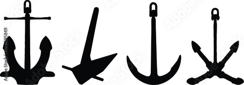 Anchor silhouette icons set, nautical marine symbol collection, ship anchor vector illustration, sea navigation maritime design elements