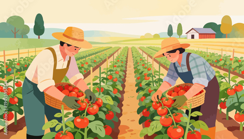 Two farmers harvest tomatoes in a sunny field. They bend low, smiling as they gather fruit. Woven baskets hold plump, red tomatoes. Rows stretch far under golden light. Background shows distant trees