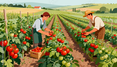 Two farmers harvest ripe tomatoes in a sunlit field. They work side by side with focused, contented expressions. Bright red fruits fill baskets beside lush green vines
