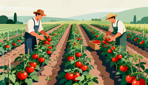 Two farmers tend to rows of ripe tomatoes. They wear hats and overalls, working in sunlit fields. Their hands move carefully, gathering produce. Bright red fruit grows on green vines