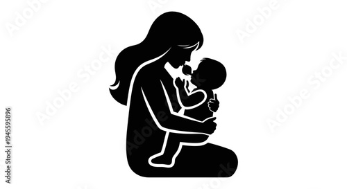 Mother Holding Baby Close Silhouette Illustration.