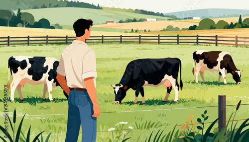 Farmer stands near grazing cows in a sunlit pasture. Green fields stretch beyond wooden fences and distant hills. Cows eat grass, black and white, with calm, peaceful demeanor