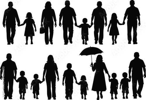 Diverse family silhouettes with children and adults holding hands on beige background