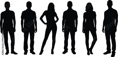 Six human silhouettes standing in a row on a white background