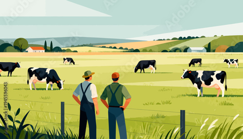 Two farmers stand behind a fence, watching cows graze. Green fields stretch wide under a soft sky. Cows wander freely, eating grass. Mountains roll gently in the distance. The scene feels peaceful