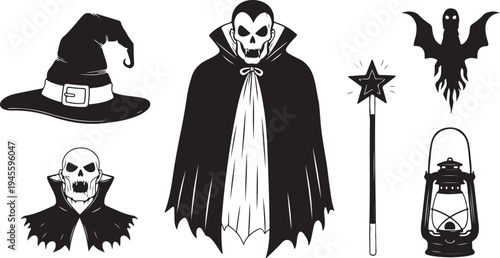 Halloween icons including vampire, witch hat, and spooky objects