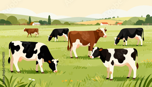 Cows graze peacefully in a sunlit pasture. Fields stretch wide, dotted with gentle hills. Soft clouds drift above distant trees. Animals stand calm, heads bowed to feed