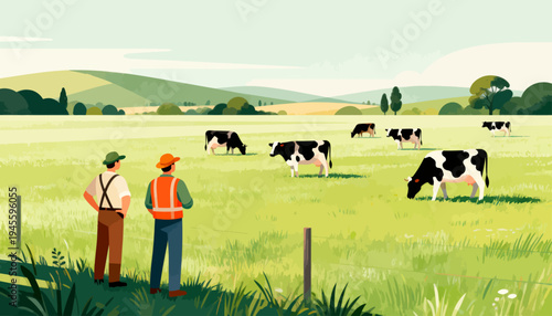 Two farmers stand in a lush green field. Cows graze peacefully nearby. Sunlight bathes the rolling hills. They watch the herd with quiet focus. Ideal for agricultural, rural, or farming themes