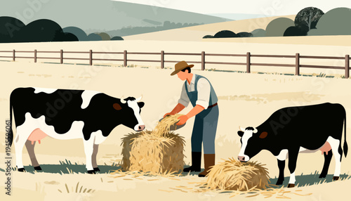 Farmer feeds cows with hay in open pasture. Cows stand calmly, one eating nearby. Man wears hat and apron, smiling gently. Scene shows peaceful rural farm life. Ideal for agriculture, farm life