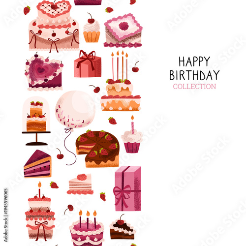 Banner with colorful cakes with strawberries, cherries, cream, and chocolate. Seamless border with cupcake, gift, confetti balloon. Cakes for birthdays, anniversaries, weddings. Vector illustration.