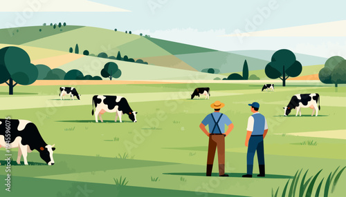 Two farmers stand in a lush green field. Cows graze peacefully nearby. Rolling hills stretch under a soft sky. Trees dot the landscape gently. Farmers look toward distant fields, relaxed