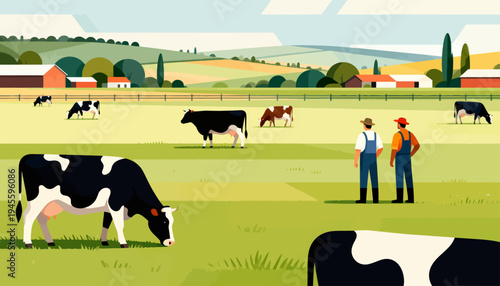 Two farmers stand in a vast, green pasture. Cows graze peacefully near distant barns and trees. The sky is soft, hinting at calm, sunny days. Farmers appear engaged, observing the livestock