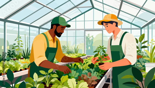 Two gardeners tend to lush plants inside a bright greenhouse. One smiles while handling seedlings, the other listens attentively. They wear green aprons and hats for sun protection
