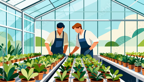 Two workers tend plants in a bright greenhouse. They wear blue overalls, focused on their tasks. Rows of young plants line white trays beneath glass. Natural light floods the space through large panes