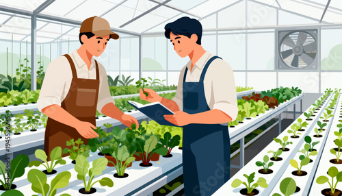 Two workers inspect plants in a bright greenhouse. One holds a clipboard, the other gestures toward seedlings. Rows of green plants grow under clean, controlled lighting