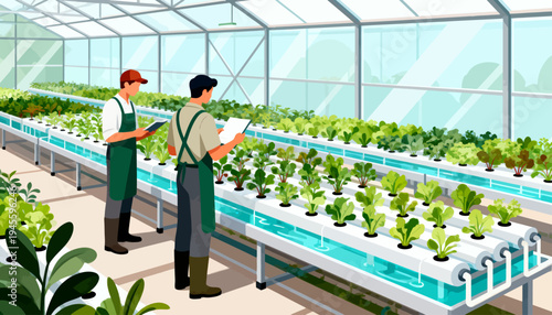 Two workers inspect plants in a modern hydroponic greenhouse. They stand beside rows of lush, green leafy vegetables. One holds a tablet, the other checks plant growth