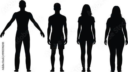 Four human silhouettes standing in a row on a white background