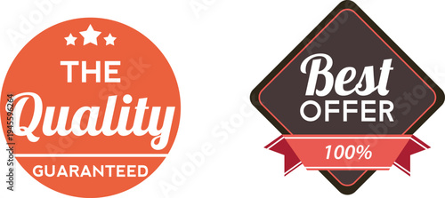Promotional badges highlighting quality guarantee and best offer with 100 percent assurance