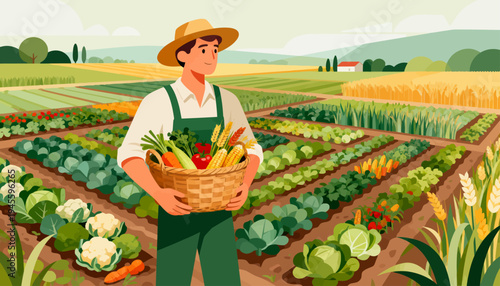 Farmer smiles with basket of fresh vegetables. Rows of greens and crops stretch across sunlit field. Golden wheat fields rise gently in the background. Farmer wears straw hat and green overalls