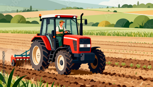 Farmer drives tractor across tilled field. Red machine leaves neat furrows behind. Green hills roll gently in background. Calm posture suggests focused work. Ideal for agricultural, farming