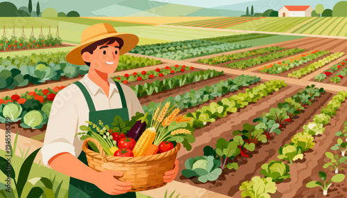 Farmer smiles proudly, holding basket full of fresh produce. Rows of vegetables stretch across vibrant, sunlit fields. Cabbages, tomatoes, corn, and peppers glow in rich colors