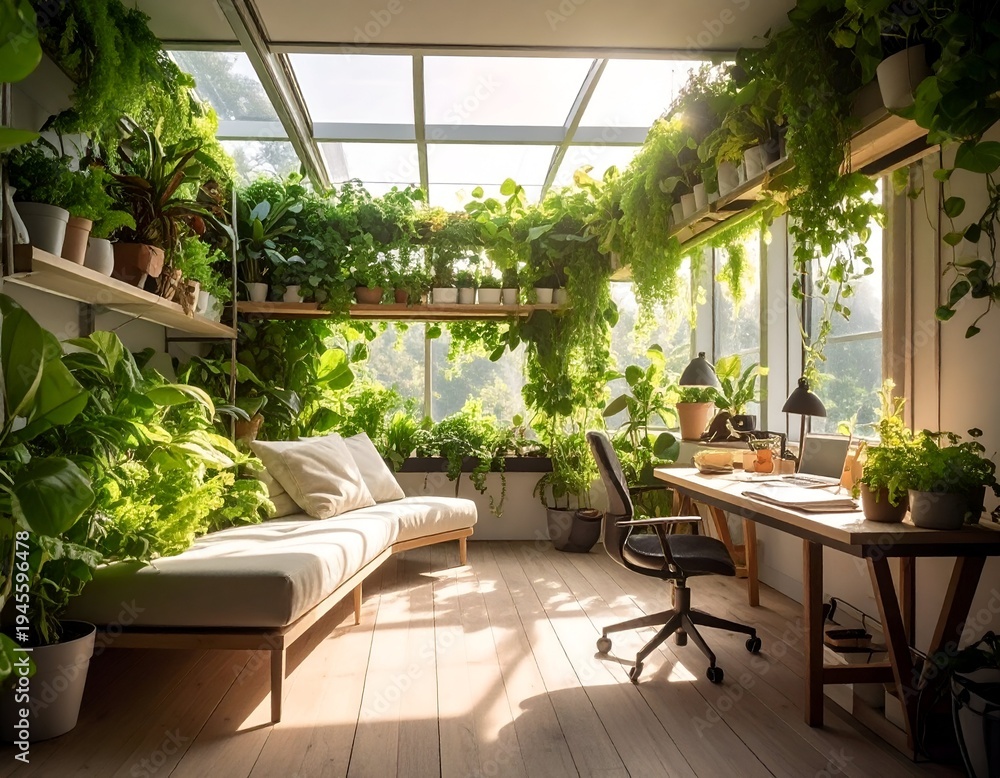 Fototapeta premium Sunlit home office interior surrounded by lush green plants inside greenhouse glasshouse room