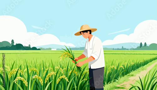 Farmer holds ripe rice in golden field. Soft clouds float above green hills. Man wears straw hat and white shirt. He smiles as he checks harvest. Perfect for agriculture or rural life themes