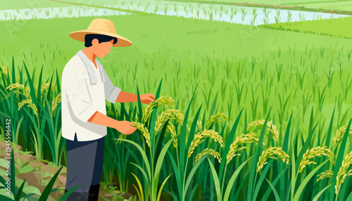 Farmer inspects golden rice in lush green field. Wearing straw hat, he checks crop health with care. Sunny day highlights vibrant green and golden hues. Perfect for agriculture, rural life