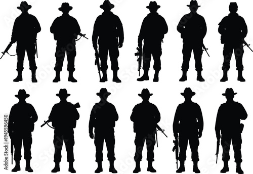 Silhouettes of cowboys in various poses with hats and guns