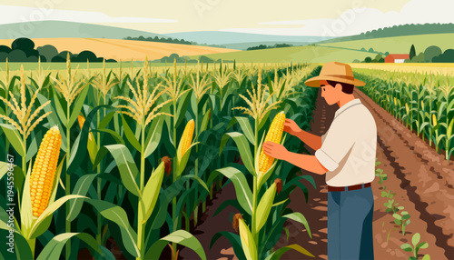 Farmer inspects corn in lush field. Golden stalks stretch under warm sun. He wears hat and t-shirt, bent slightly. Green leaves sway gently in breeze. Farmland extends to distant hills