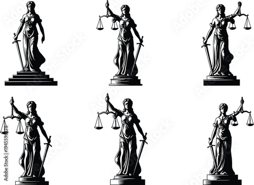 Black and white illustration collection of Lady Justice holding sword and scales, symbolizing law, fairness, impartiality, judicial system, morality, and creative artwork project