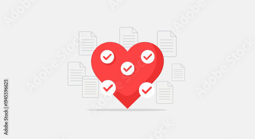 Red Heart with Checkmarks and Documents - Love for Work, Tasks, or Projects