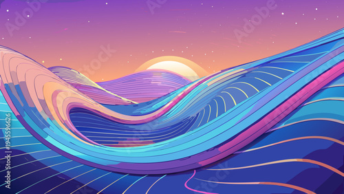 Vibrant abstract landscape with swirling lines and a sunset sky