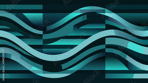 Teal and black abstract background with wavy lines and rectangles