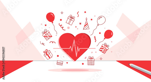 Red Heart with ECG Line, Gifts, Balloons & Confetti - Celebration and Health Concept