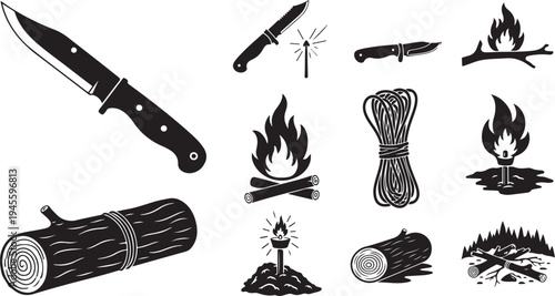 Camping and outdoor activities with fire and knives tools